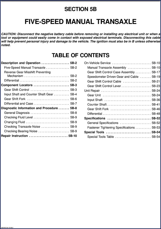 Daewoo Matiz service manual cover – 69 pages, OEM factory documentation for five-speed manual transaxle