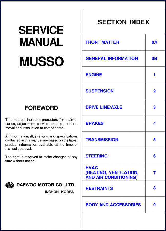 Daewoo Musso Service Manual - 1284 pages - factory OEM document cover
