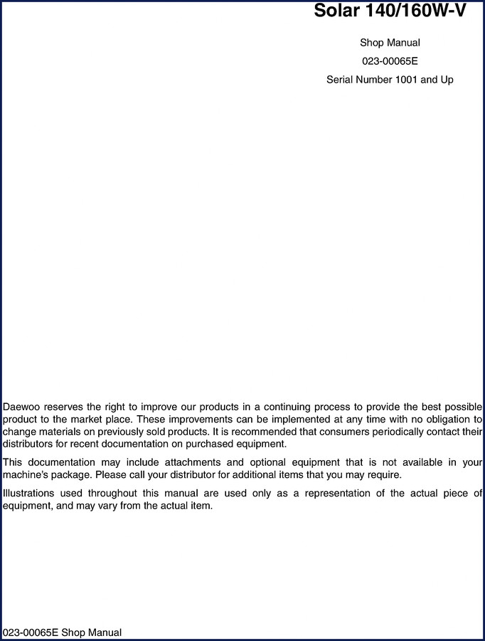 Daewoo Solar 160W-V Wheel Excavator Workshop Manual cover - 900 pages factory OEM document