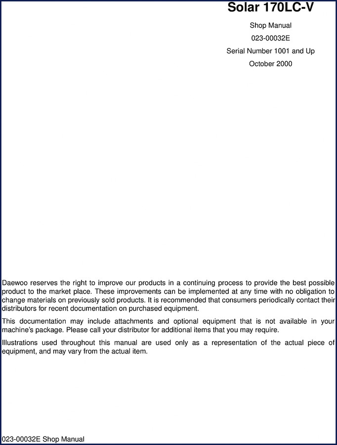 Daewoo Solar 170LC-V 2000 Workshop Manual cover – factory OEM shop manual