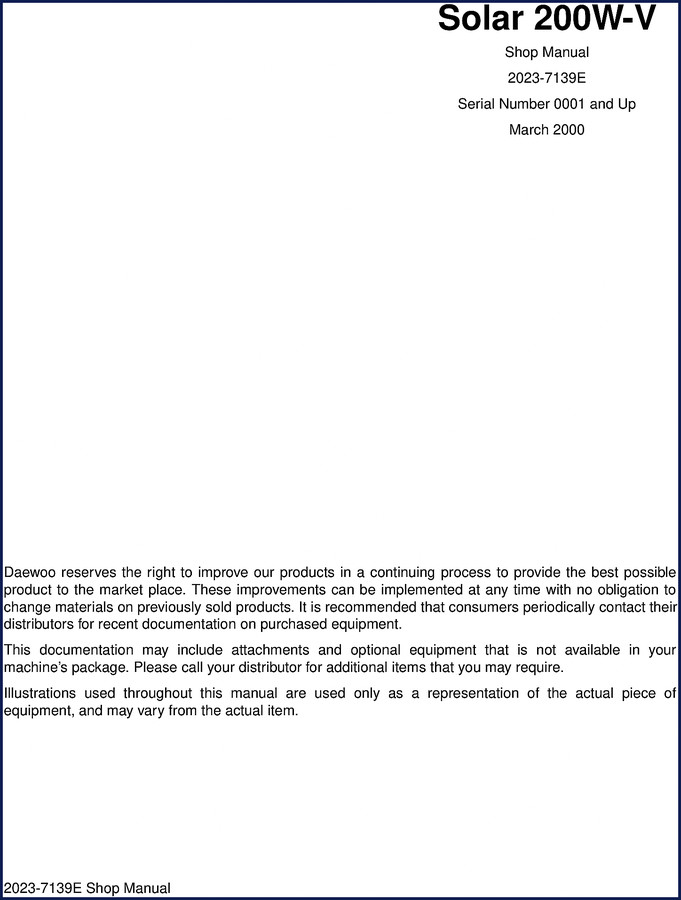 Daewoo Solar 200W-V 2000 Workshop Manual cover – OEM factory documentation for wheel excavator