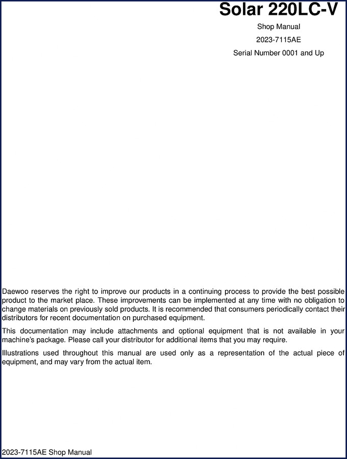Daewoo Solar 220LC-V Workshop Manual cover – 600 page OEM shop manual for excavator