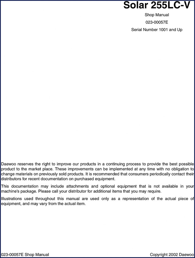 Daewoo Solar 255LC-V 2002 Workshop Manual cover – OEM shop manual for track excavator