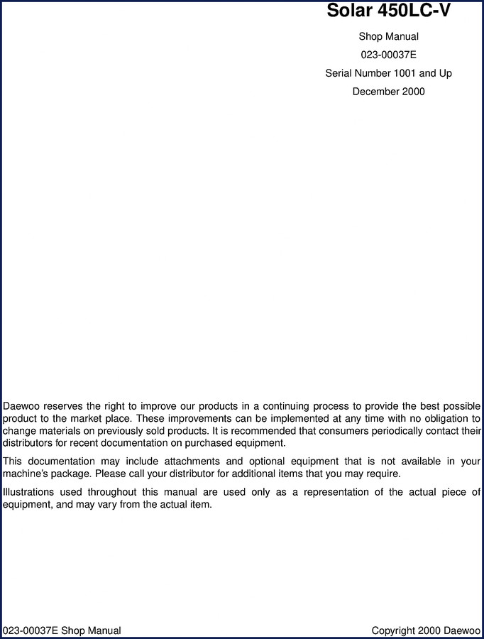 2000 Daewoo Solar 450LC-V Workshop Manual cover – OEM factory publication