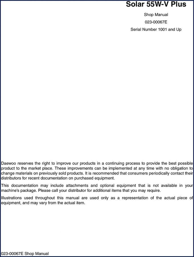 Daewoo Solar 55W-V Plus workshop manual cover – OEM shop manual for wheel excavator