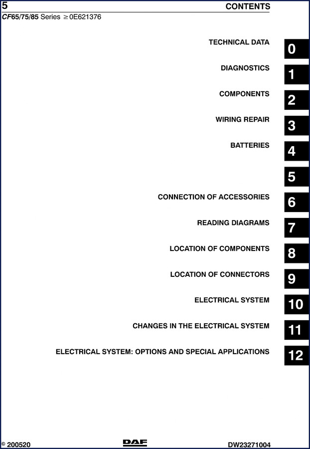 DAF CF65 CF75 CF85 2005 Technical Manual cover showing truck electrical system layout