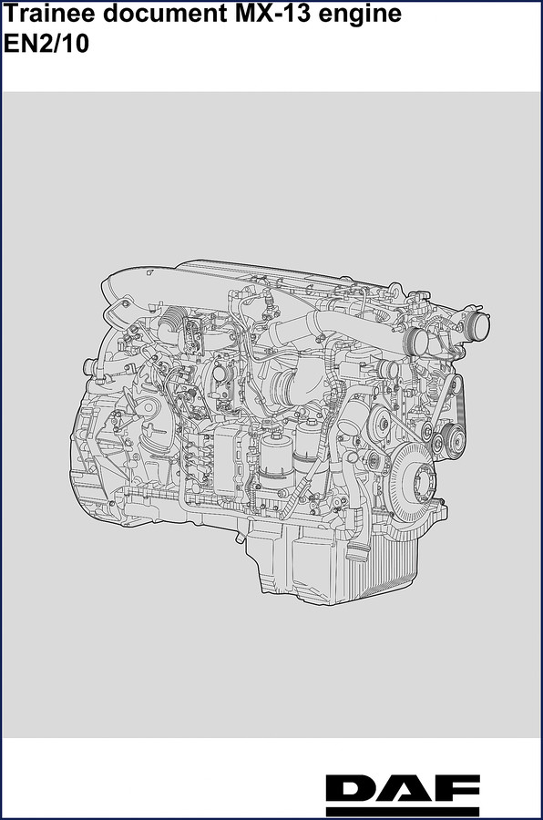 DAF MX-13 Training Manual cover showing engine cutaway and components