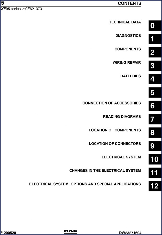 DAF XF95 2005 Technical Manual cover page showing wiring and electrical system coverage