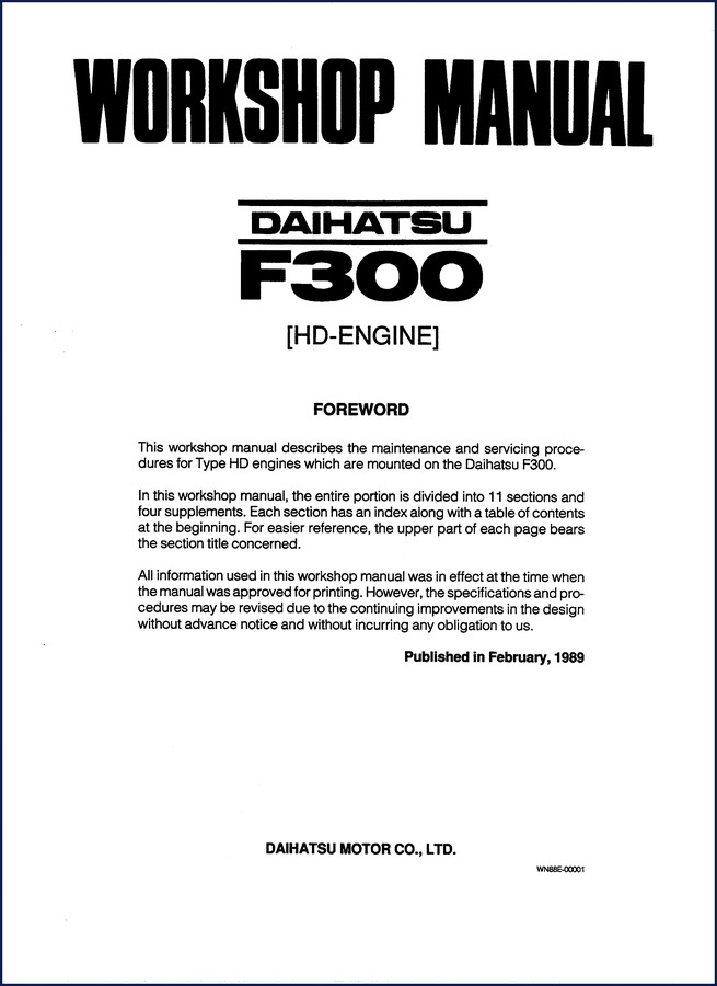 Daihatsu F300 1989 Workshop Manual cover showing engine cutaway and section list
