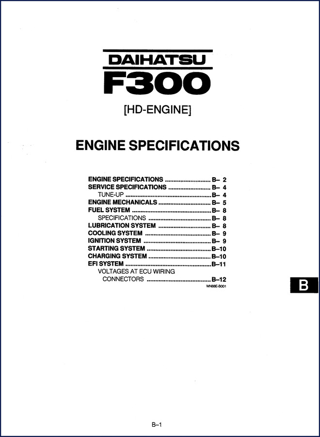 Daihatsu F300 Service Manual cover – engine specifications page