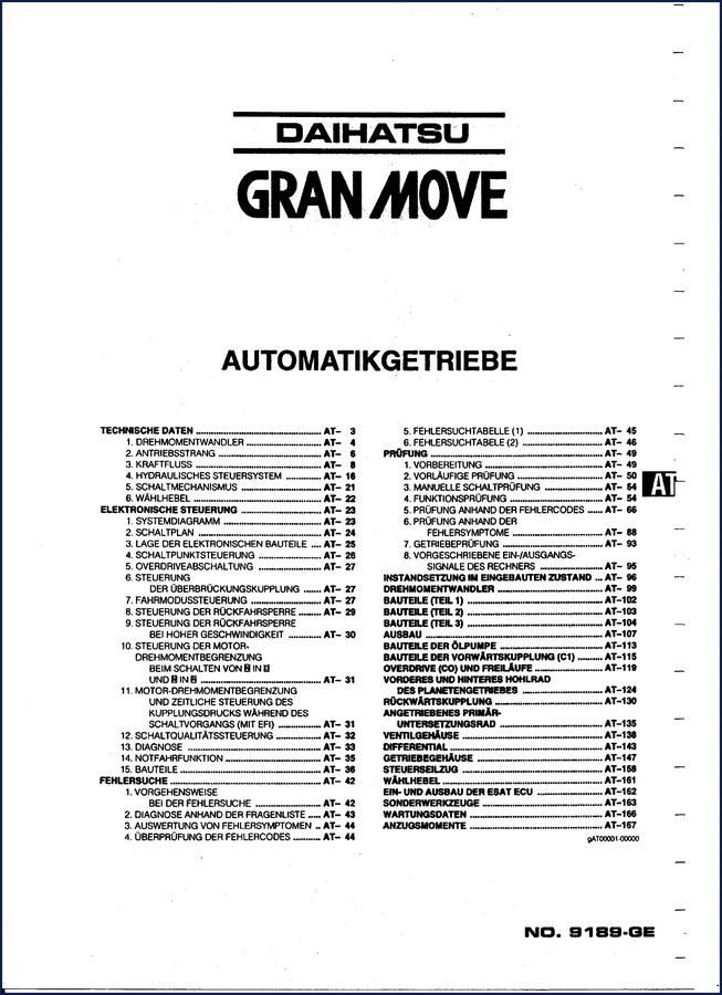 Daihatsu GRAN MOVE automatic transmission technical manual cover