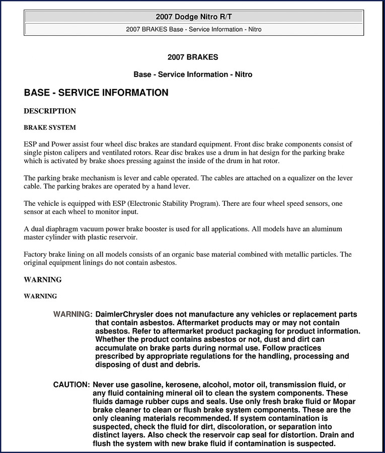 2007 Daimlerchrysler Nitro factory service manual cover showing brake system diagram