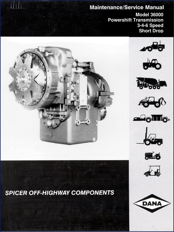 Dana Spicer 36000 Powershift Transmission Service Manual cover showing transmission cutaway and model number