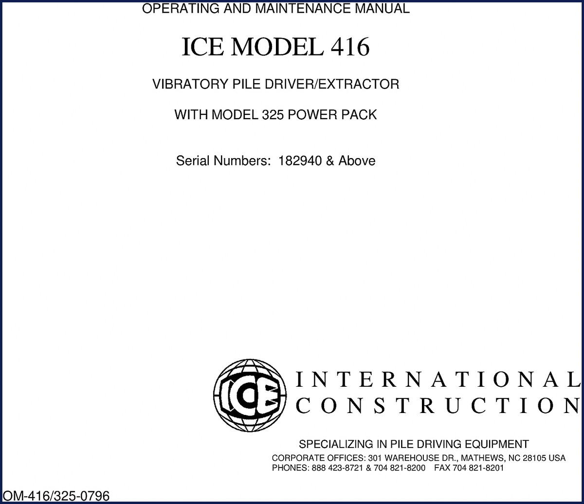 Dana Spicer 416 and 325 1996 Operators Manual cover showing ICE vibratory pile driver