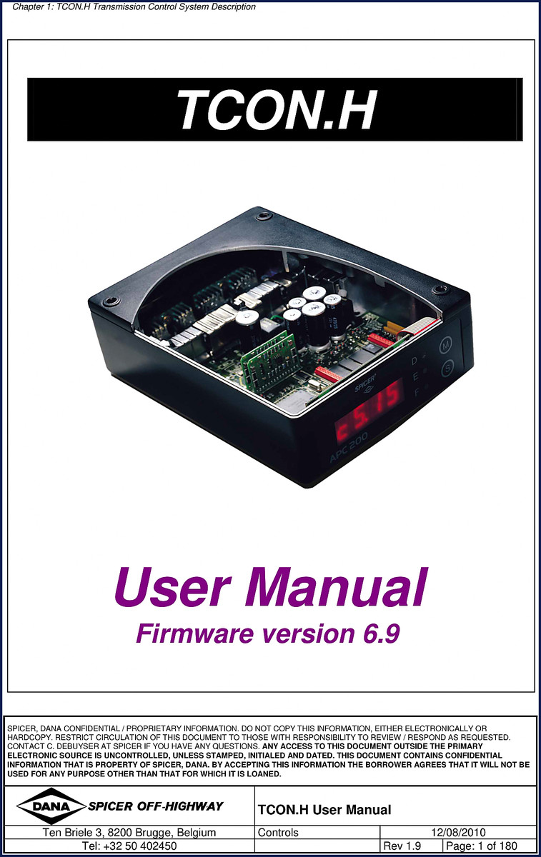 Dana Spicer APC 200 TCON.H 2010 User Manual cover showing transmission control system