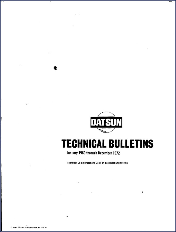 Datsun 210 1972 Technical Manual cover showing OEM bulletins for engine, cooling, fuel systems