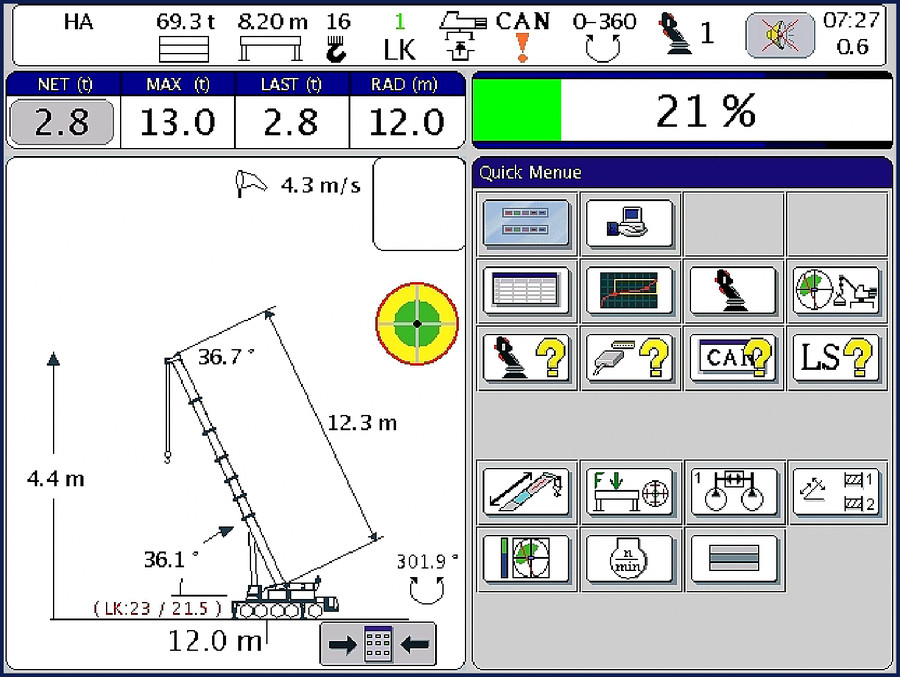 Terex Demag AC 140 User Manual page 1 display showing HA 69.3t, CAN 0-360, and load data