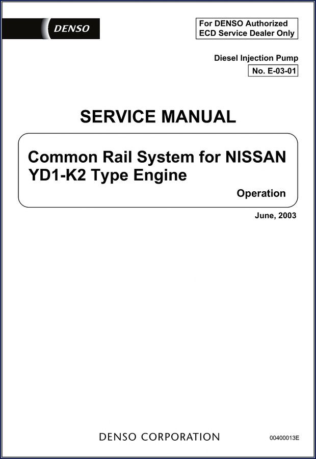 Denso YD1-K2 2003 Service Manual cover showing common rail HP3 pump and injector cutaway
