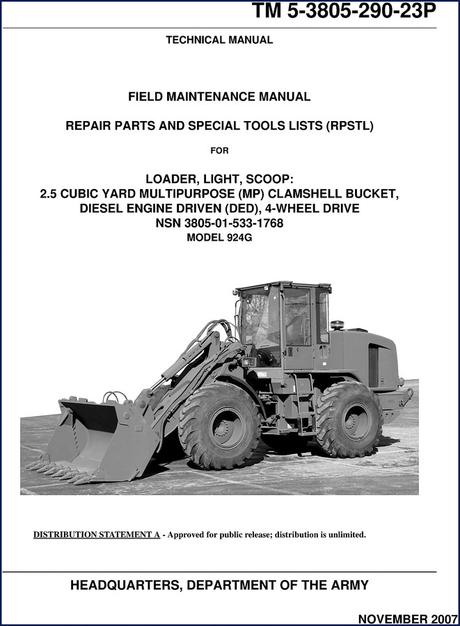 Department of the Army 924G 2007 Repair Manual cover - official field maintenance manual for 2.5 cubic yard loader