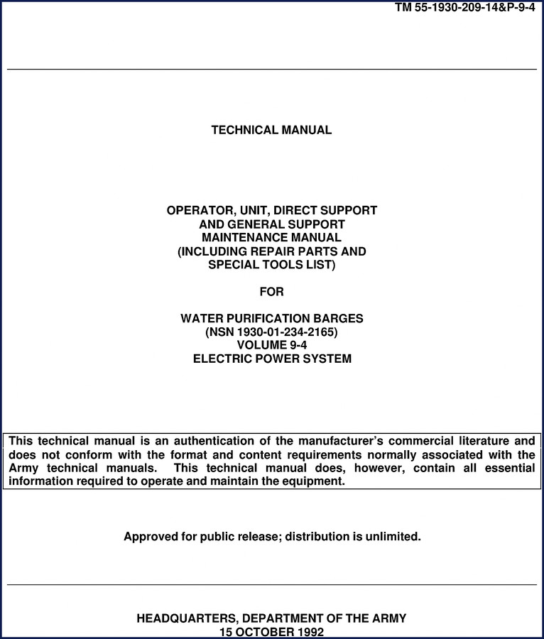 1992 Department of the Army Water Purification Barge Technical Manual cover
