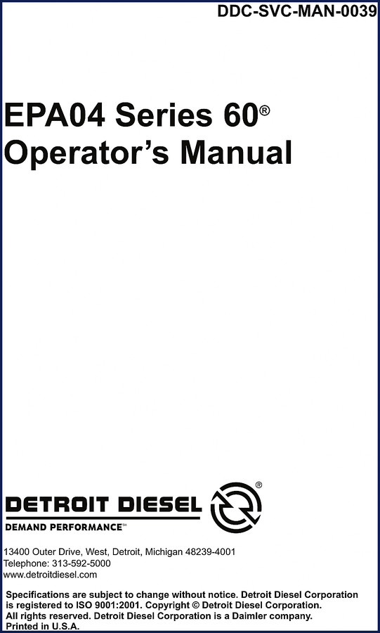 Detroit Diesel EPA04 Series 60 2009 OEM Operators Manual cover