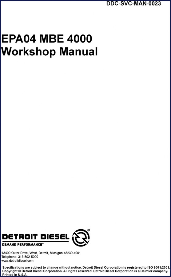 Detroit Diesel MBE 4000 Workshop Manual cover showing EPA04 engine documentation