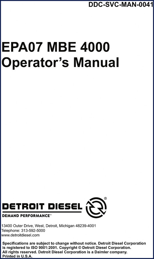 Detroit Diesel MBE 4000 2009 Operators Manual cover showing engine cutaway