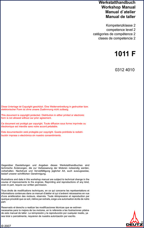 Deutz 1011 F 2007 Workshop Manual cover showing engine cutaway