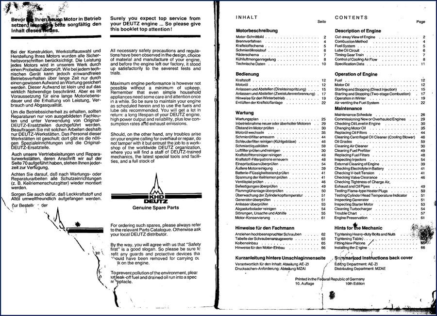 Deutz 413 F/FW/FC 1988 Technical Manual factory cover page showing engine cutaway and part number