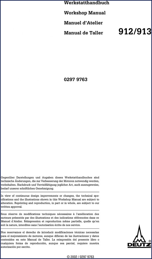 Deutz 912, 913 2002 Workshop Manual cover