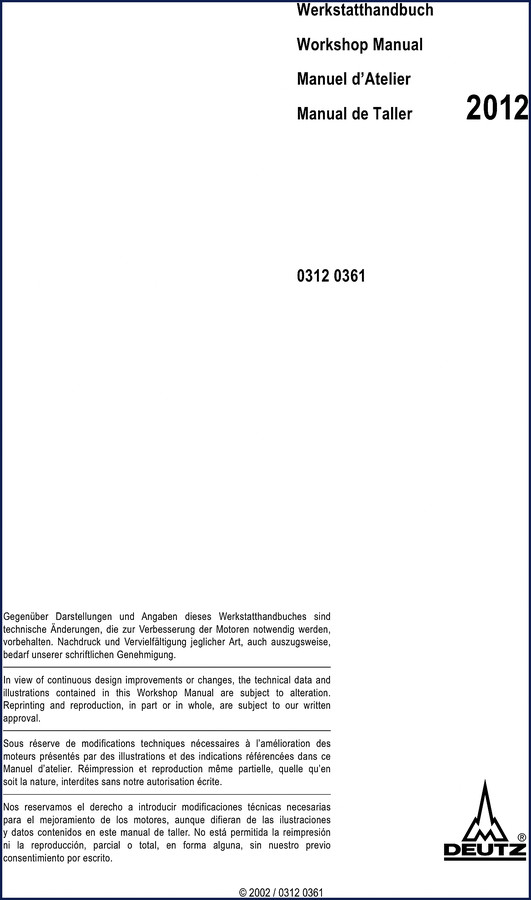 Deutz BF6M2012 BF4M2012 2002 Workshop Manual cover showing engine cutaway