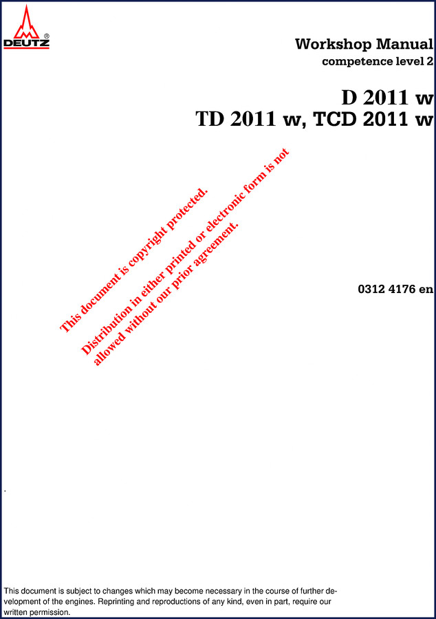 Deutz D 2011 w, TD 2011 w, TCD 2011 w 2008 Workshop Manual cover