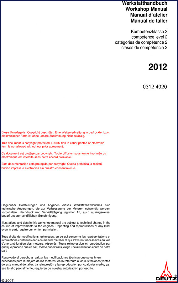 Deutz D2012 2007 Workshop Manual cover – OEM factory repair guide, 197 pages, multi-language