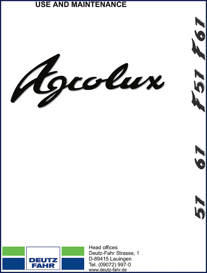 Deutz Fahr AGROLUX 57 and AGROLUX 67 2000 User Manual cover