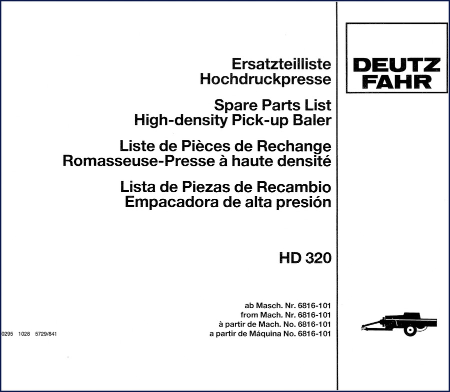Deutz Fahr HD 320 Parts Catalog cover – OEM factory manual, 132 pages