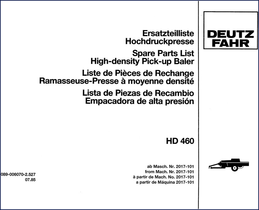 Deutz Fahr HD 460 1985 Parts Catalog cover showing factory spare parts list for high-density pick-up baler