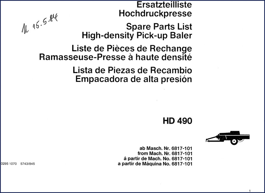 SAME Deutz-fahr HD 490 1986 Parts Catalog cover page