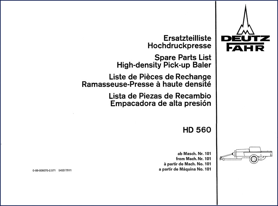 Deutz Fahr HD 560 Parts Catalog cover showing baler and model number