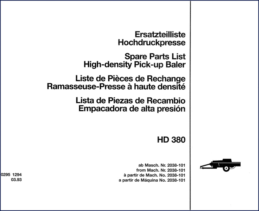 Deutz HD 380 1993 Parts Catalog cover page showing high-density baler illustration
