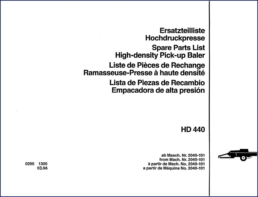 Deutz HD 440 Parts Catalog – OEM spare parts list for high-density pick-up baler, multilingual factory document