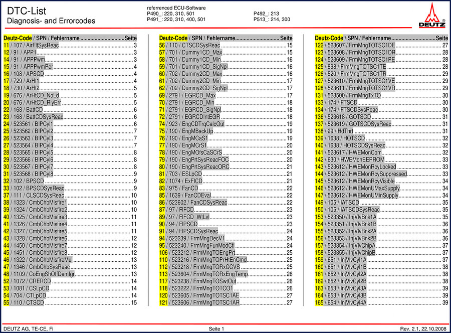 Deutz P489 Diagnostics Manual 2008 cover - DTC list and error codes