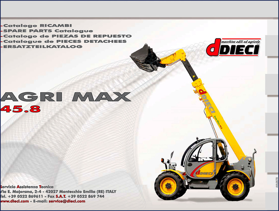 Dieci AGRI MAX 45.8 Parts Catalog cover showing spare parts manual for telehandler