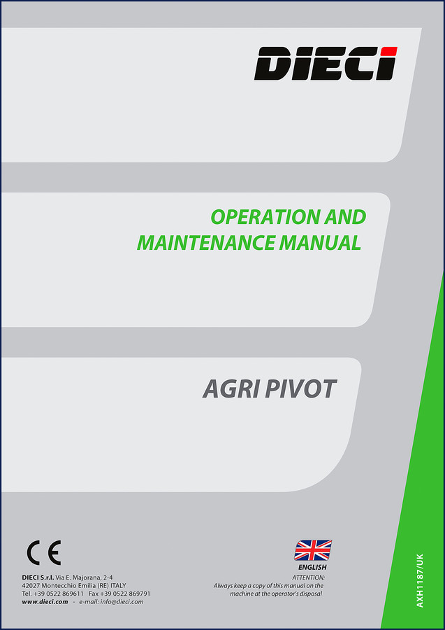 Dieci Agri Pivot T40, T50, T60 2013 Operators Manual cover showing telehandler and safety markings