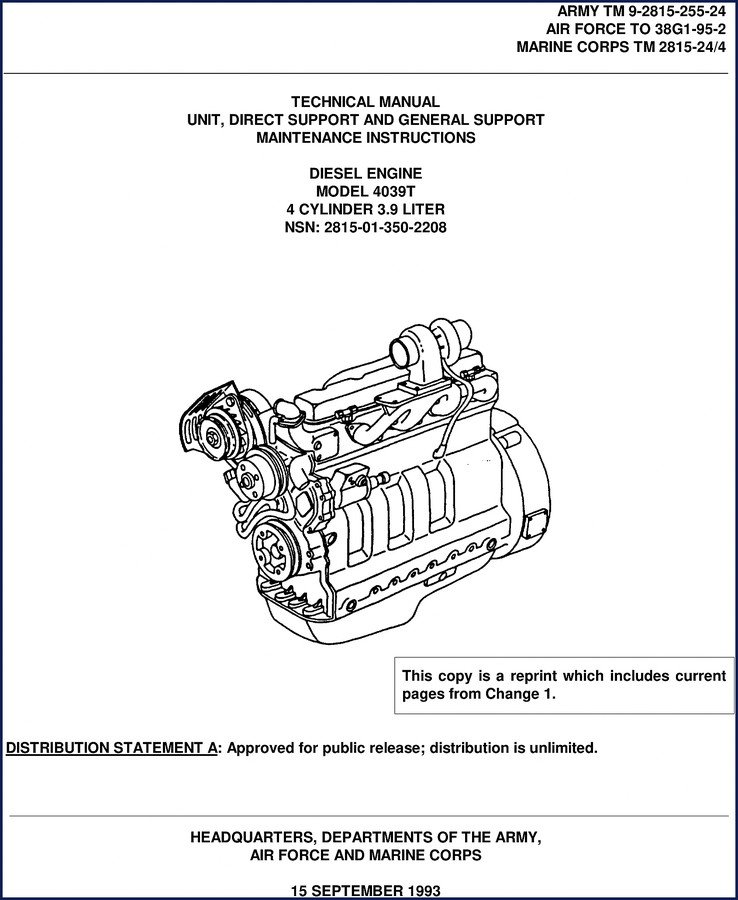 Shanghai Diesel Engine 4039T 1993 Technical Manual cover showing military designation TM 9-2815-255-24