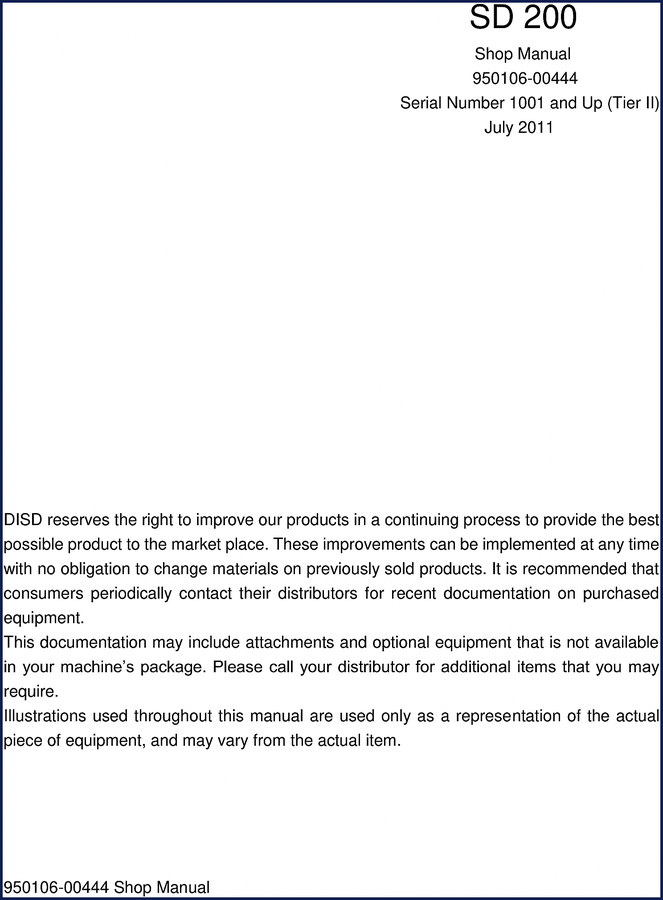 Cover of DISD SD 200 2011 Service Manual showing wheel loader