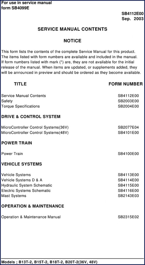 Doosan B13T-2 service repair manual 2003 cover page showing models and form number SB4112E00