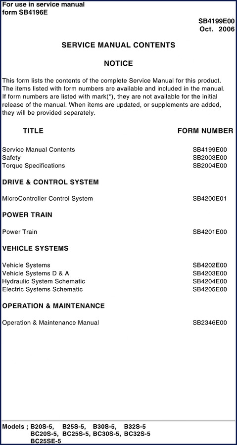 Doosan B20S-5, B25S-5, B20S, B25S, B30S 2006 Service Manual cover page