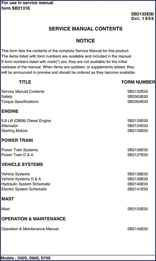 Doosan D50S, D60S, D70S 1998 service manual front cover showing forklift diagram