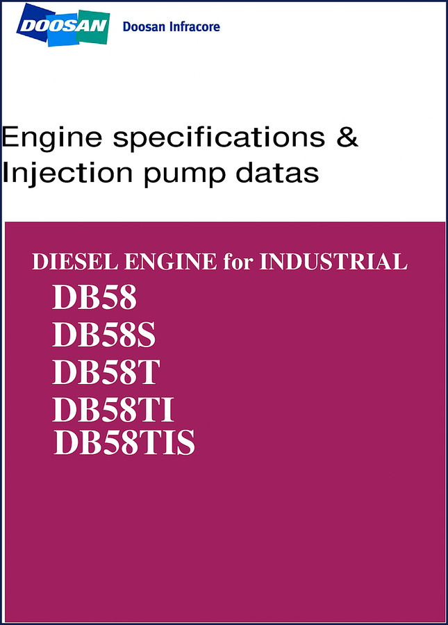 Doosan DB58TIS technical manual cover page showing engine cutaway and model designation