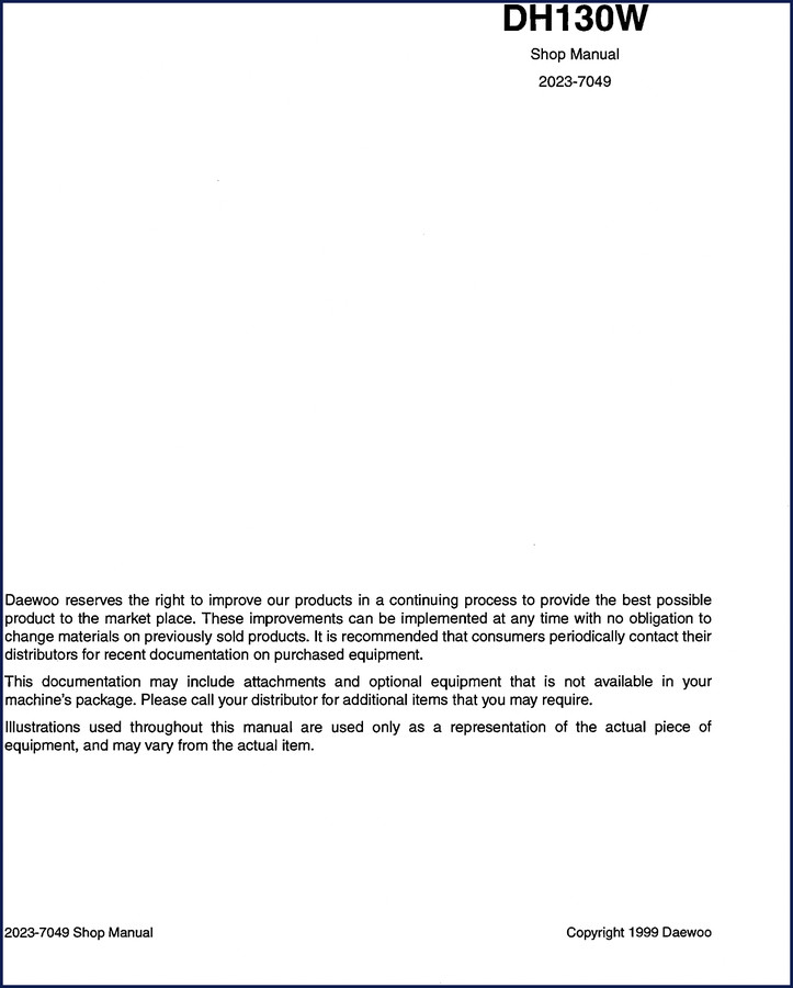 Doosan DH130W 2023 Workshop Manual cover – 470 pages OEM shop manual for DB58 engine and DH130W excavator